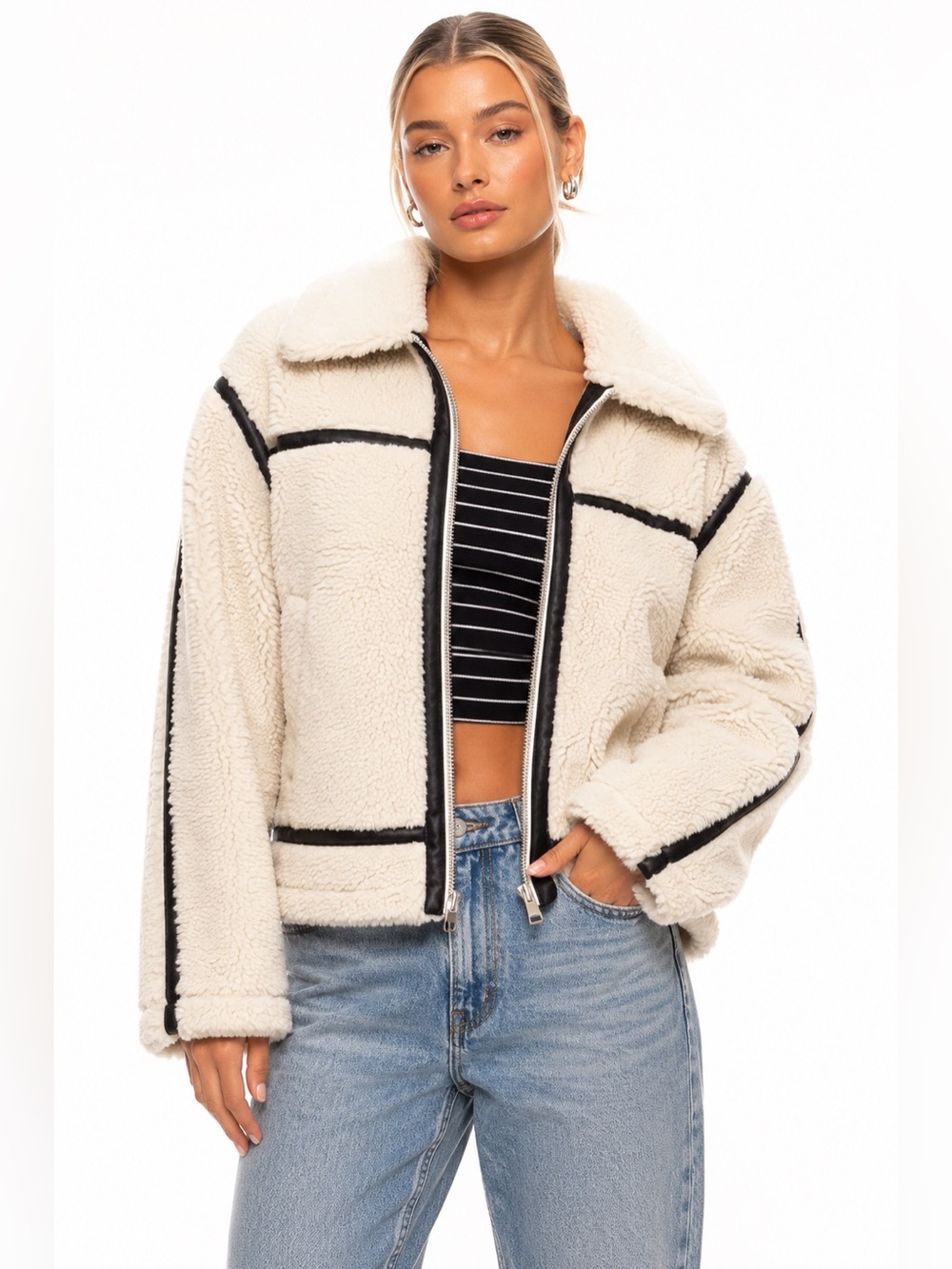 BDG Women’s Cream Sherpa Zip-Up Jacket with Black Trim